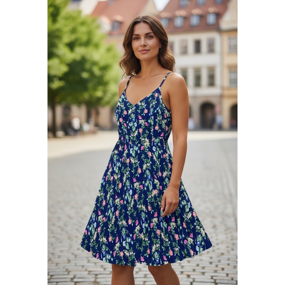 Old Navy Womens Blue Floral Smocked Back Cami Fit and Flare Boho Dress Small S